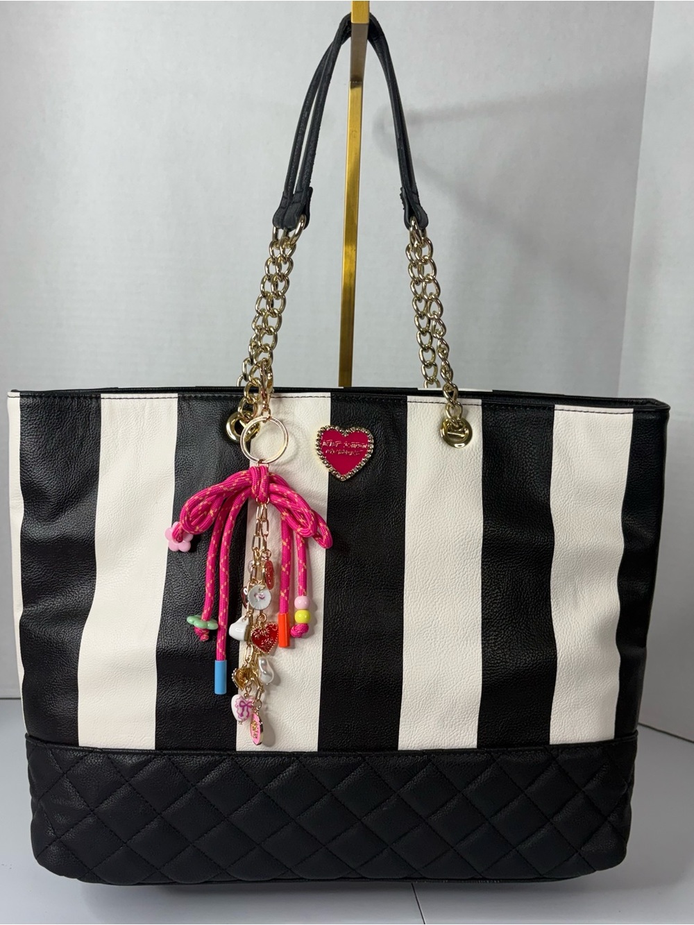 Betsey Johnson Black & White Striped Tote Bag w/ Quilted Bottom Panel